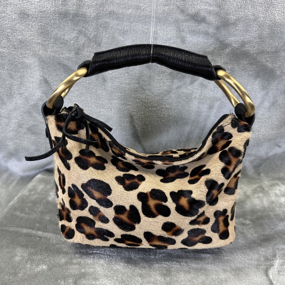 VTG Russell & Bromley Shoulder Bag Pouch Hobo Leopard Print Cowhide Leather Y2K